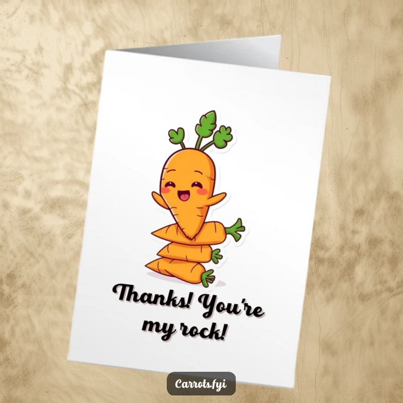 Funny Free Printable Carrot character grinning while balancing on a stack of carrots, a stable and cheerful thank you.