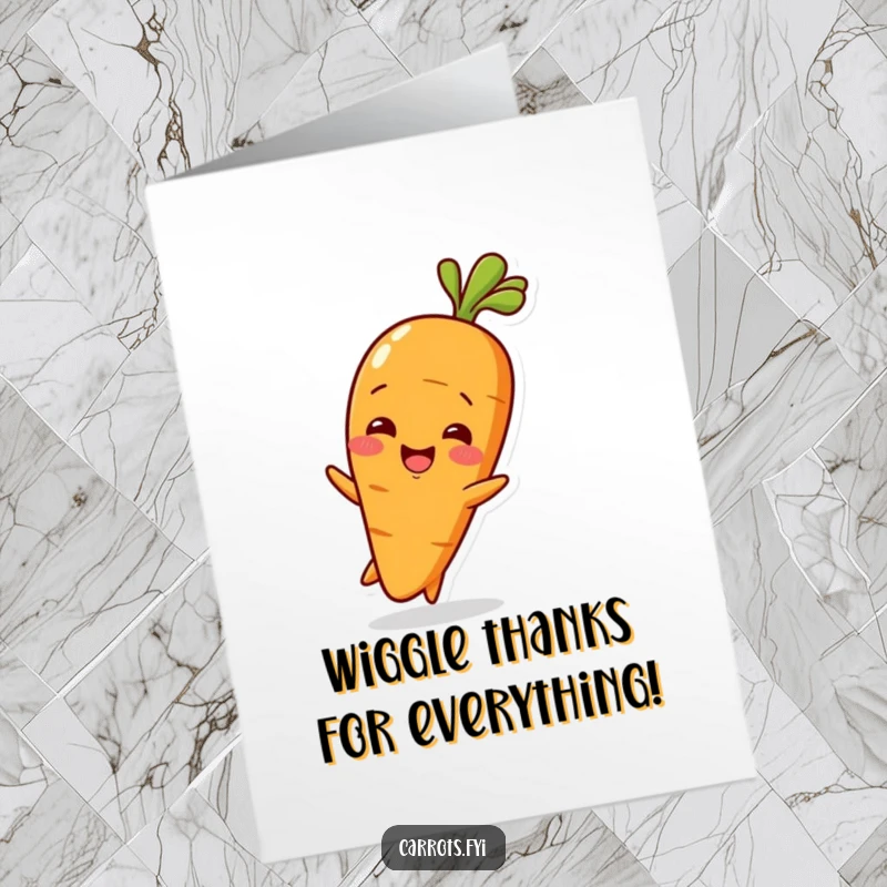 Funny Free Printable Thank You Card: A cute baby carrot wiggles with delight, expressing sincere thanks with charm.