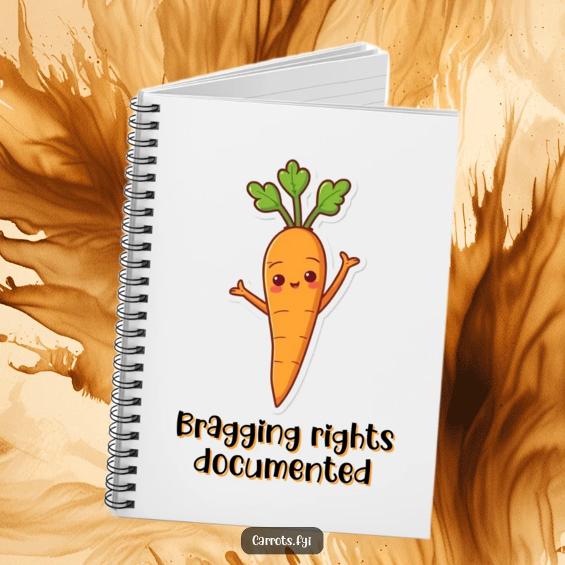 Funny notebook with a proud carrot character standing with arms akimbo, encouraging confident writing.