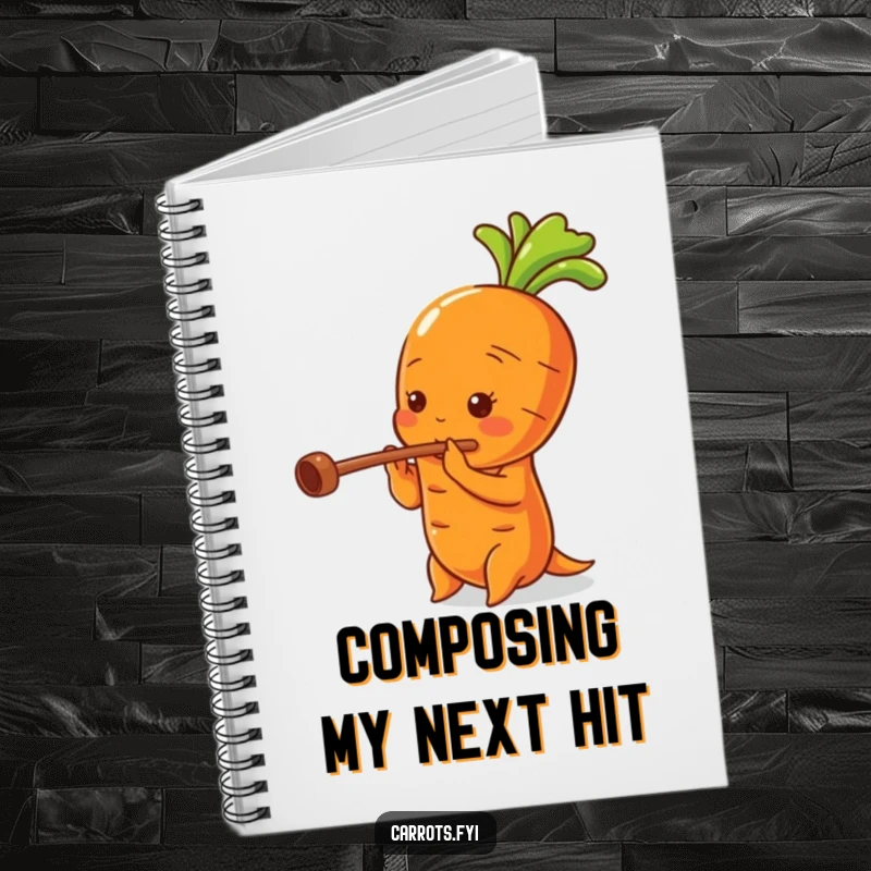 Funny notebook featuring an anthropomorphic carrot playing a tiny flute, its hollow stalk creating a unique musical instrument.