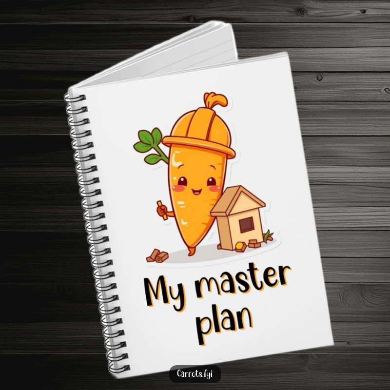 Funny carrot character wearing a hard hat and building a food structure, a humorous notebook.