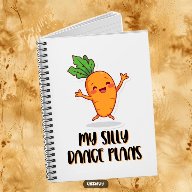 Funny cheerful carrot notebook with a grin, performing a silly dance, ideal for jotting notes with a lighthearted spirit.