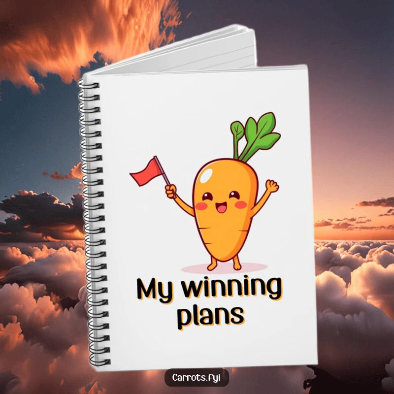 Funny Notebook cover featuring a kawaii carrot character with tiny feet, excitedly waving a miniature flag.