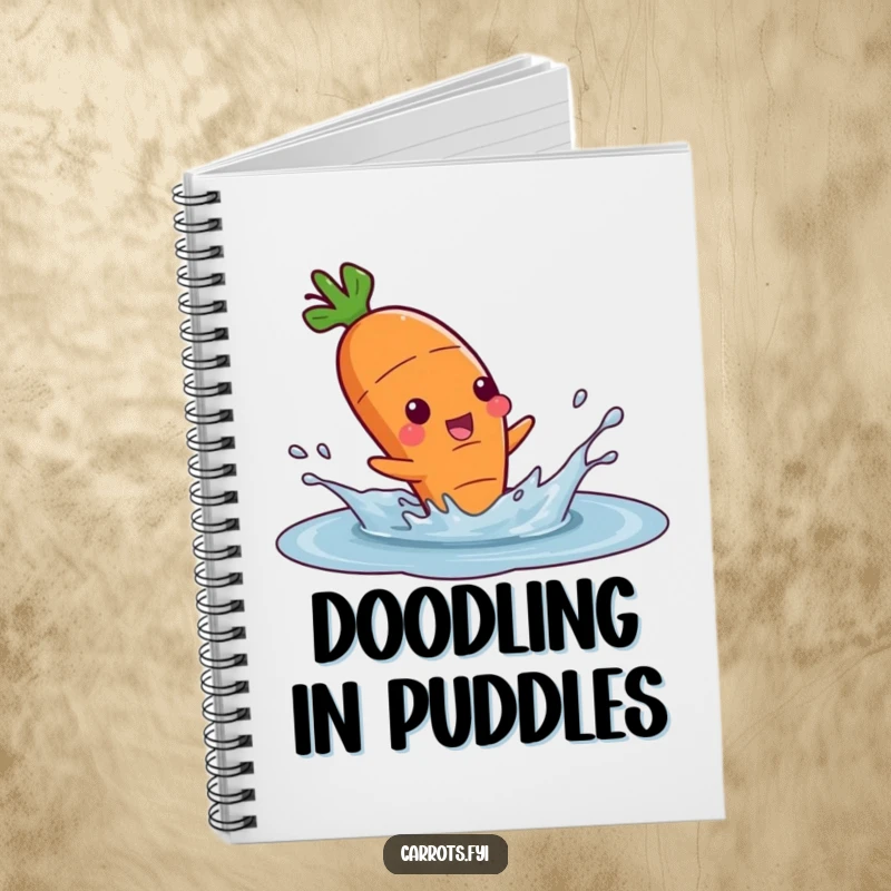 Funny notebook featuring a carrot character gleefully splashing in a puddle, encouraging fun and creativity.