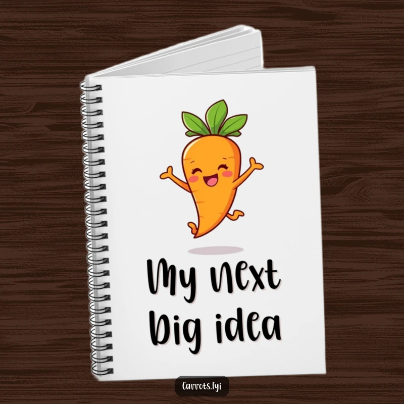 Funny Carrot Stick Notebook featuring a smiling carrot character joyfully leaping, perfect for jotting down ideas.