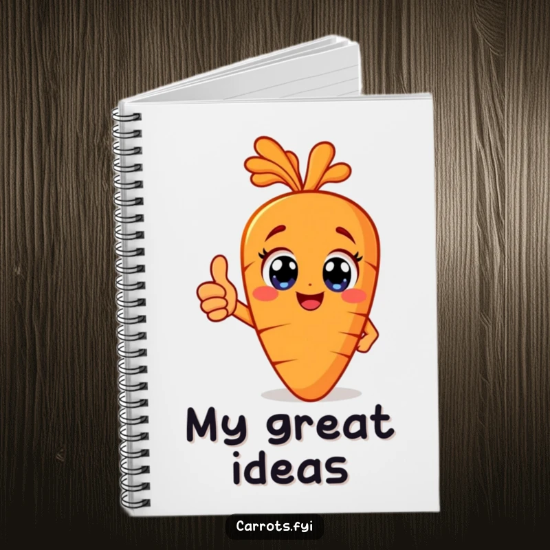 Funny happy carrot notebook with big eyes giving a thumbs up, ideal for jotting notes with a positive outlook.
