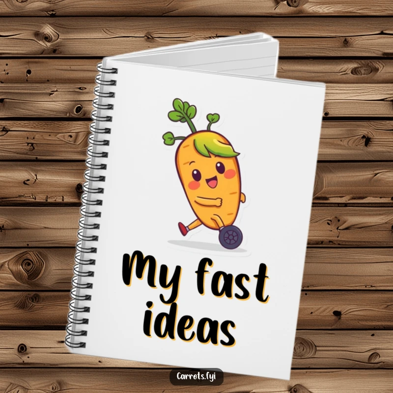 Funny notebook featuring a happy carrot character with leafy hair zooming on tiny wheels, perfect for capturing speedy thoughts and ideas.