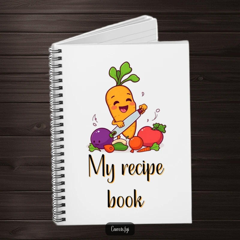 Funny carrot character chopping vegetables with a smile, a humorous notebook for recipe ideas.