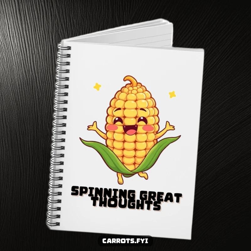 Funny notebook featuring an anthropomorphic corn kernel character spinning joyfully, ideal for jotting down notes humorously.
