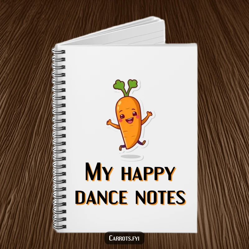 Funny notebook cover featuring a carrot character engaged in a joyful, energetic dance, perfect for jotting down humorous thoughts.