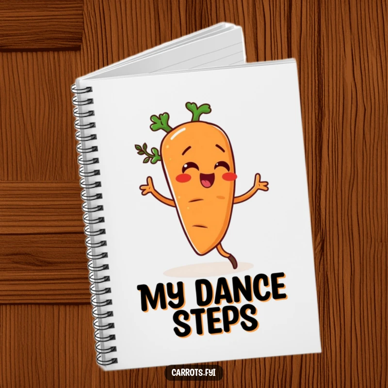 Funny notebook featuring a carrot character doing a silly dance, sprinkled with herbs, encouraging creativity and fun.