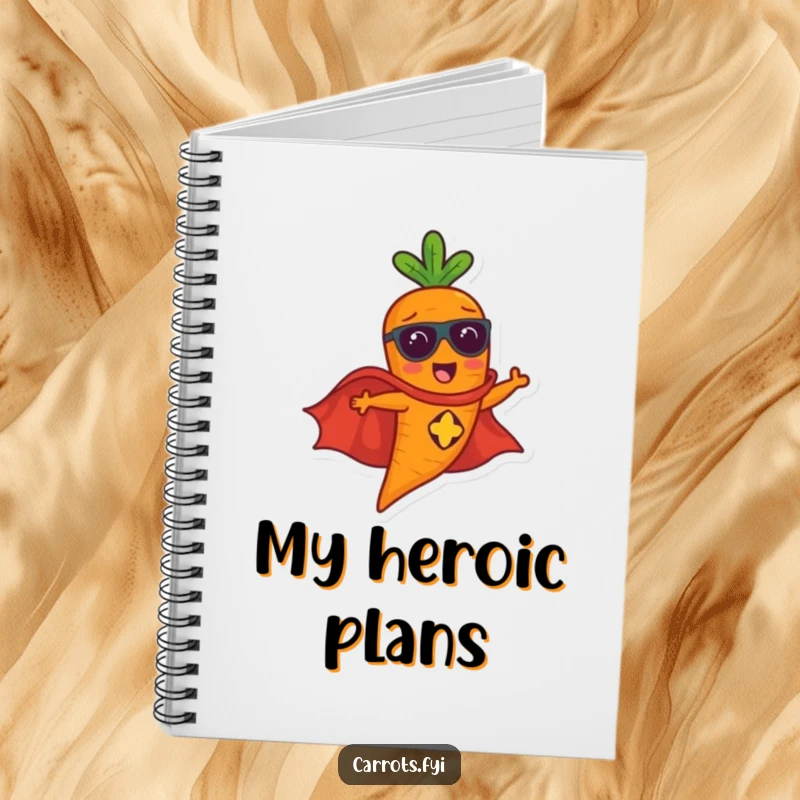 Funny carrot character in a superhero cape flying, a humorous notebook for capturing heroic ideas.