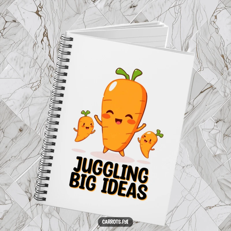 Funny notebook featuring a carrot character playfully juggling three smaller, smiling carrots, ideal for keeping track of tasks.