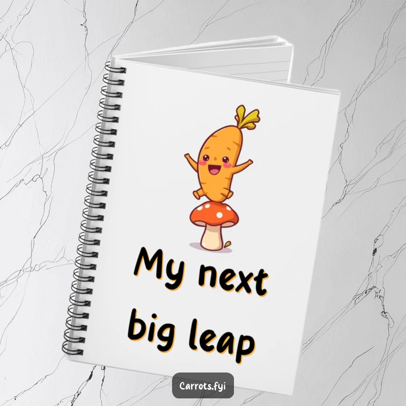 Funny notebook cover showcasing a single, ecstatic carrot character leaping over a mushroom, its joyful motion symbolizing inspiration and playful thinking.
