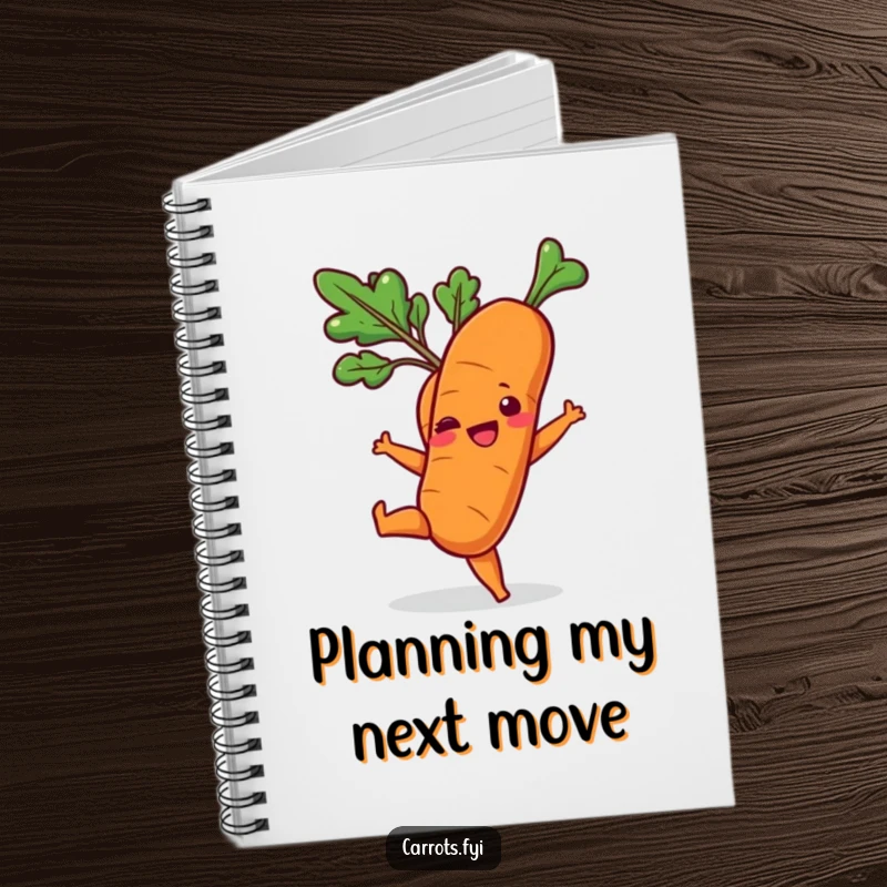 Funny notebook with a carrot character doing a playful kick, inspiring energetic note-taking and ideas.