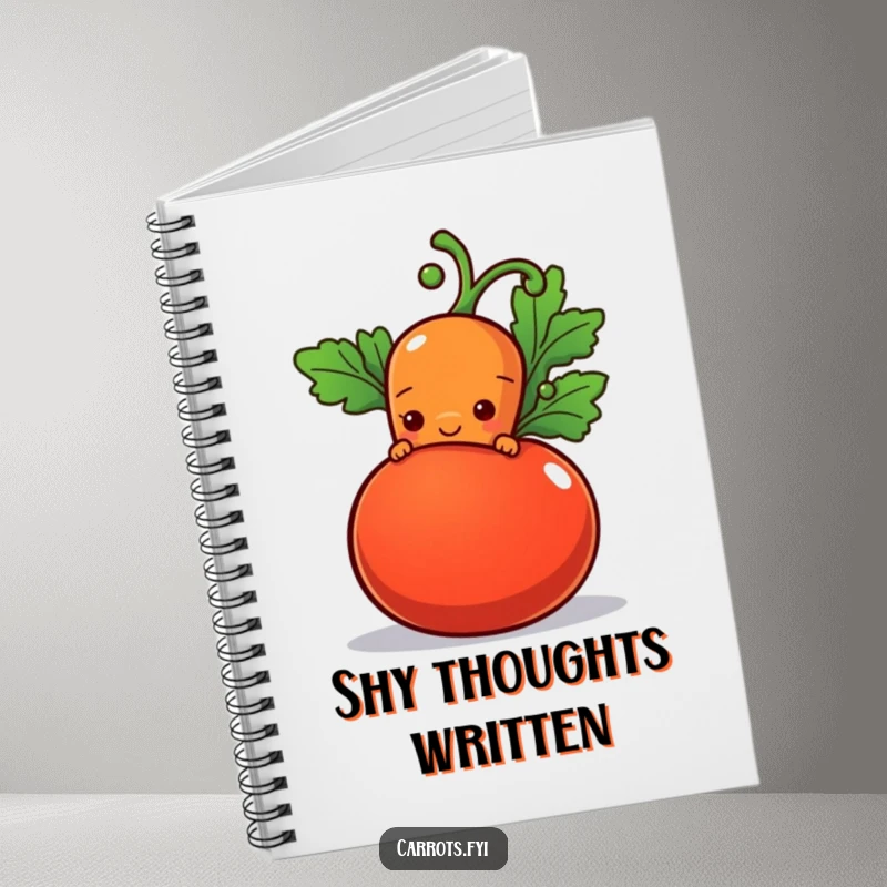 Funny notebook featuring a shy carrot character peeking from behind a plump tomato with a hopeful smile, ideal for gentle notes.