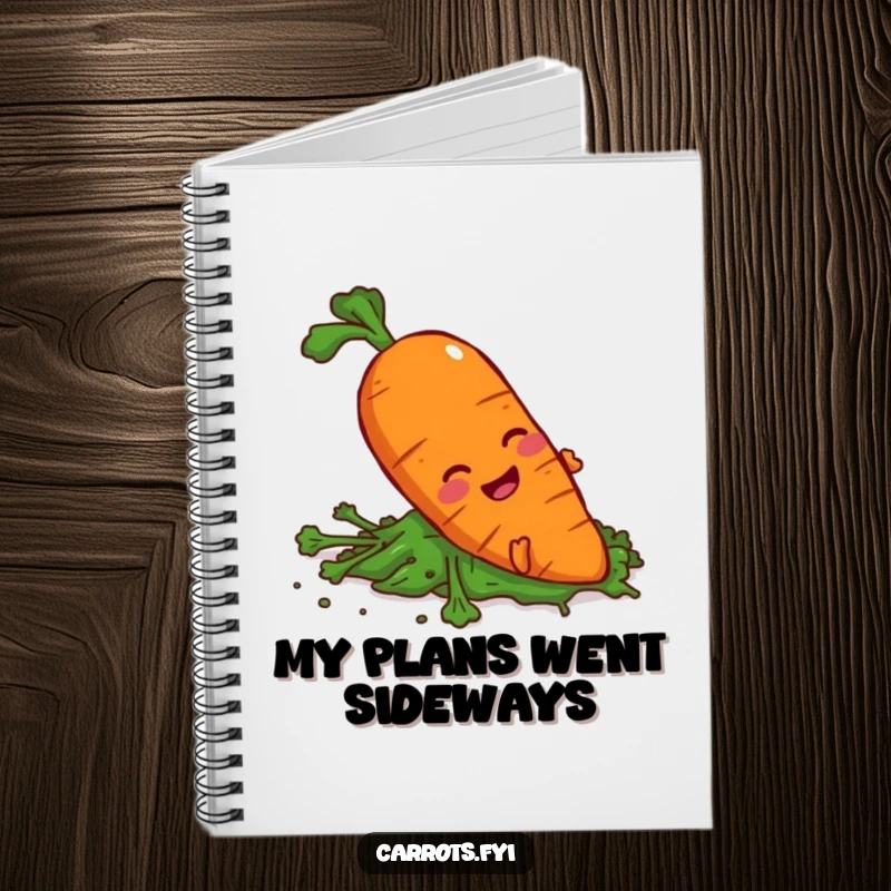 Funny carrot character slipping on greens on a notebook cover, perfect for jotting notes humorously.