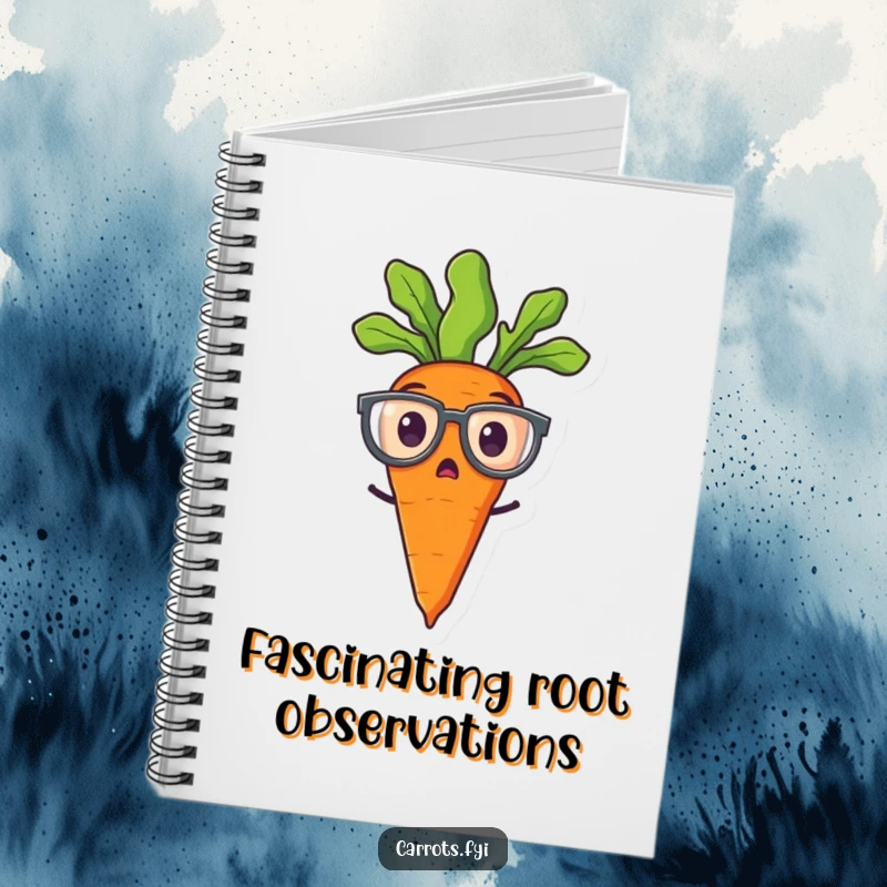 Funny notebook cover with a surprised carrot wearing big spectacles, inspiring comical notes and thoughts.