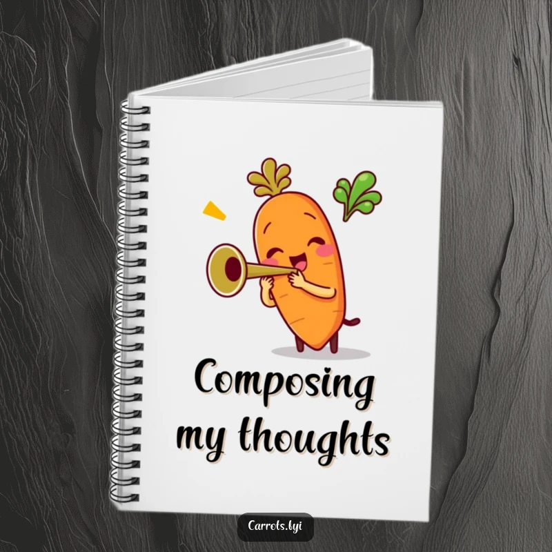 Funny notebook with a cover featuring an anthropomorphic carrot character playing a tiny trumpet with cheerful enthusiasm, ideal for writing musical notes.