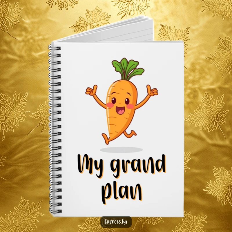 Funny notebook adorned with a whole carrot character triumphantly striding, encouraging users to write with vibrant, victorious energy.