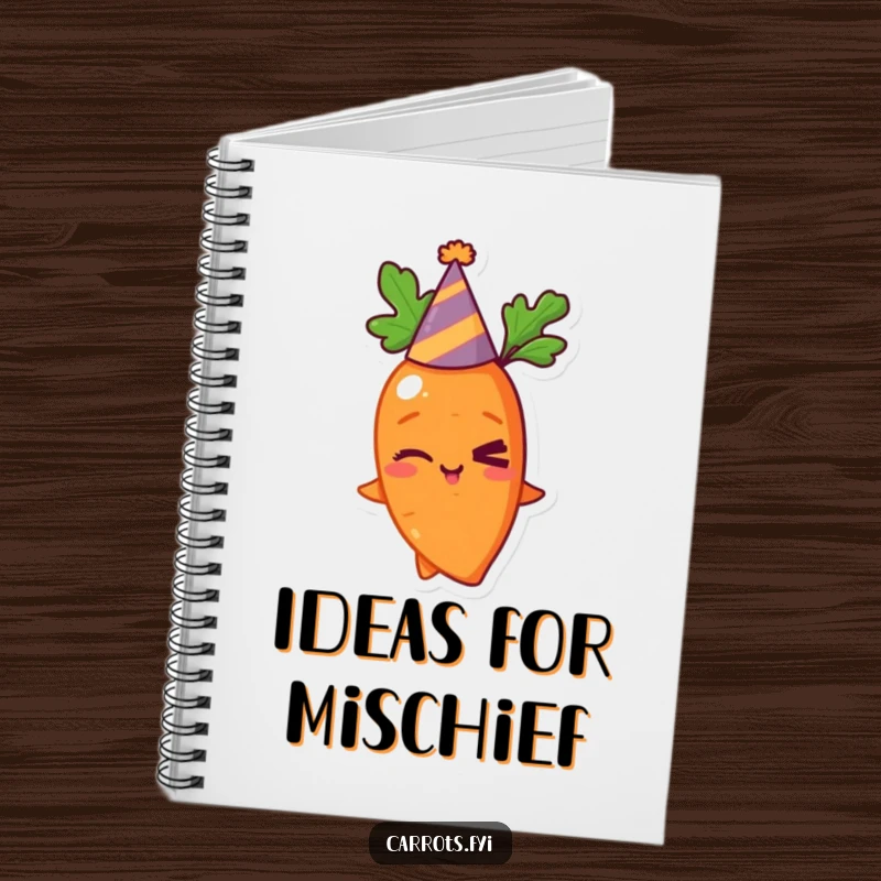 Funny notebook with a winking carrot wearing a party hat, designed for jotting down notes and humorous thoughts.