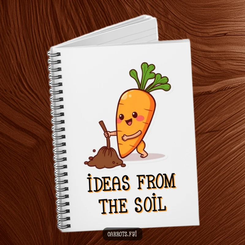 Funny notebook featuring a cheerful anthropomorphic carrot character making digging motions, perfect for jotting down plans and dreams.