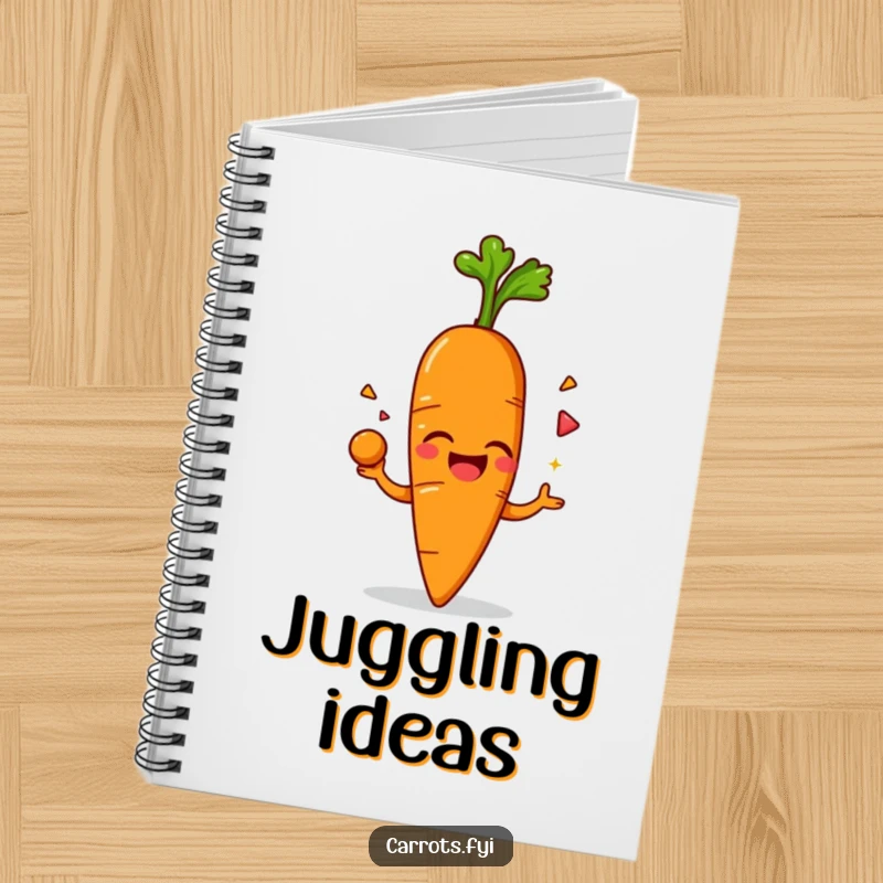 Funny notebook with a cover featuring an anthropomorphic carrot character giggling while juggling its leafy top, ideal for writing down humorous notes.