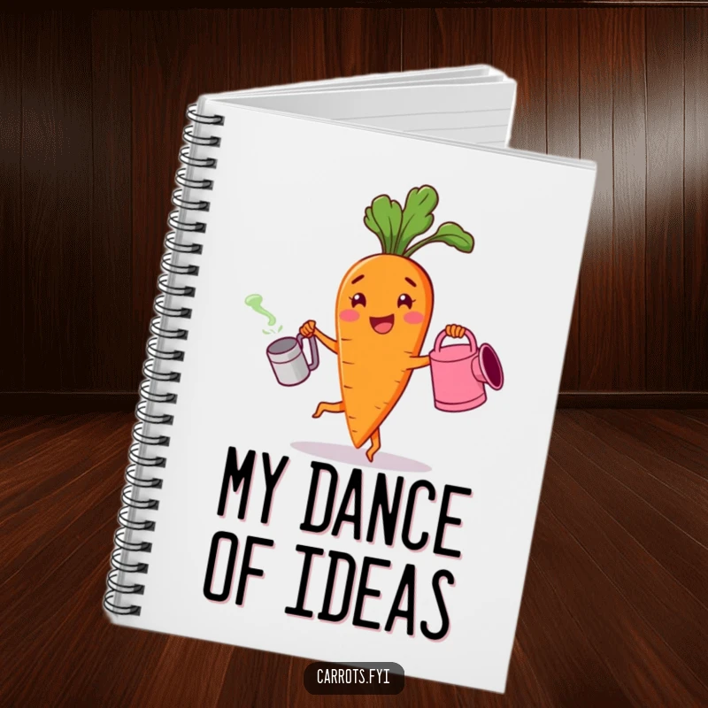 Funny notebook featuring a cheerful carrot character dancing with a watering can, perfect for jotting down happy thoughts and bright ideas.