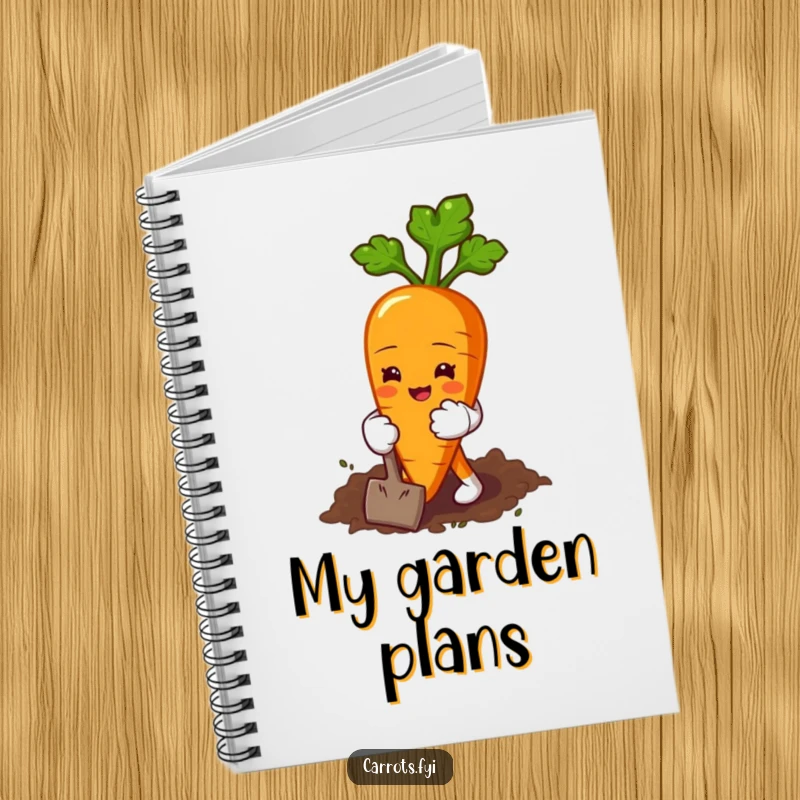 Funny notebook cover featuring a carrot character in tiny gloves, happily digging earth, perfect for garden notes and planning.