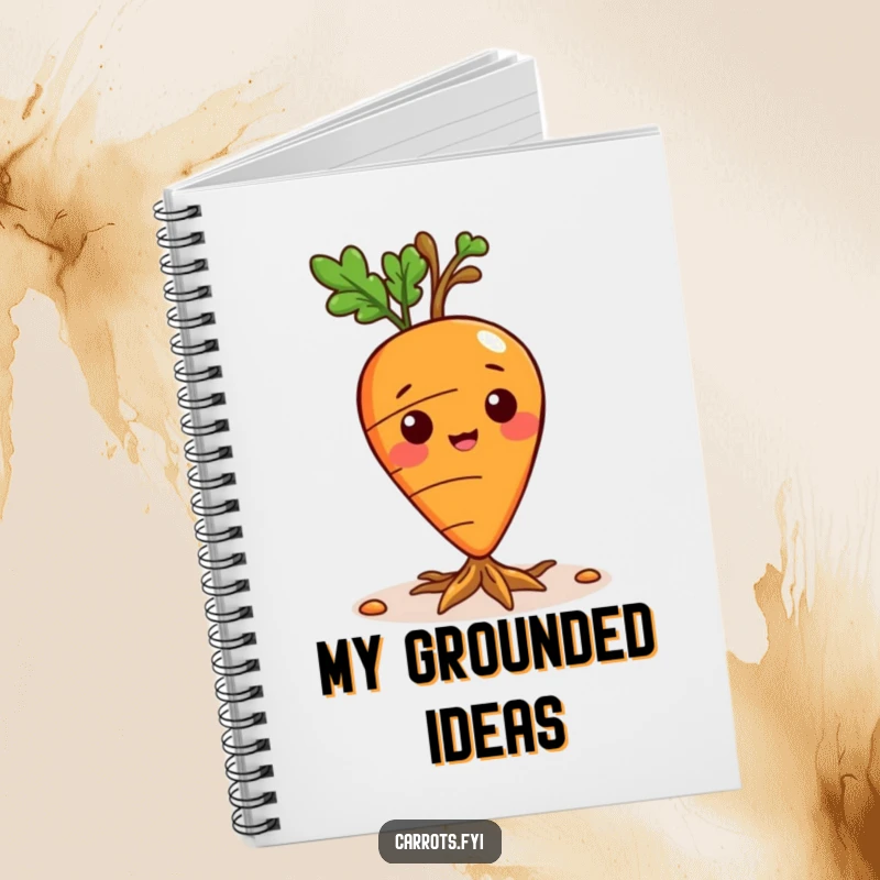 Funny notebook with a cover illustration of a playful carrot character sprouting small roots.