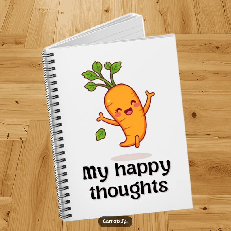 Funny carrot character dancing with leafy greens, a humorous notebook for capturing happy thoughts.