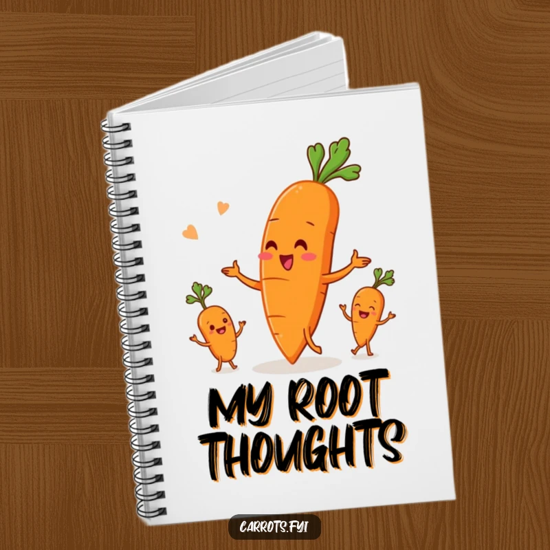 Funny notebook cover with an anthropomorphic carrot character skillfully juggling three smaller root vegetables, inspiring creativity and playful thoughts.