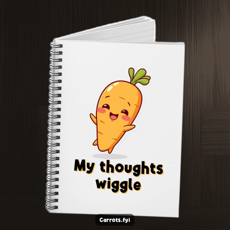 Funny Baby Carrot Notebook featuring a cute baby carrot character wiggling with delight, perfect for jotting down ideas.
