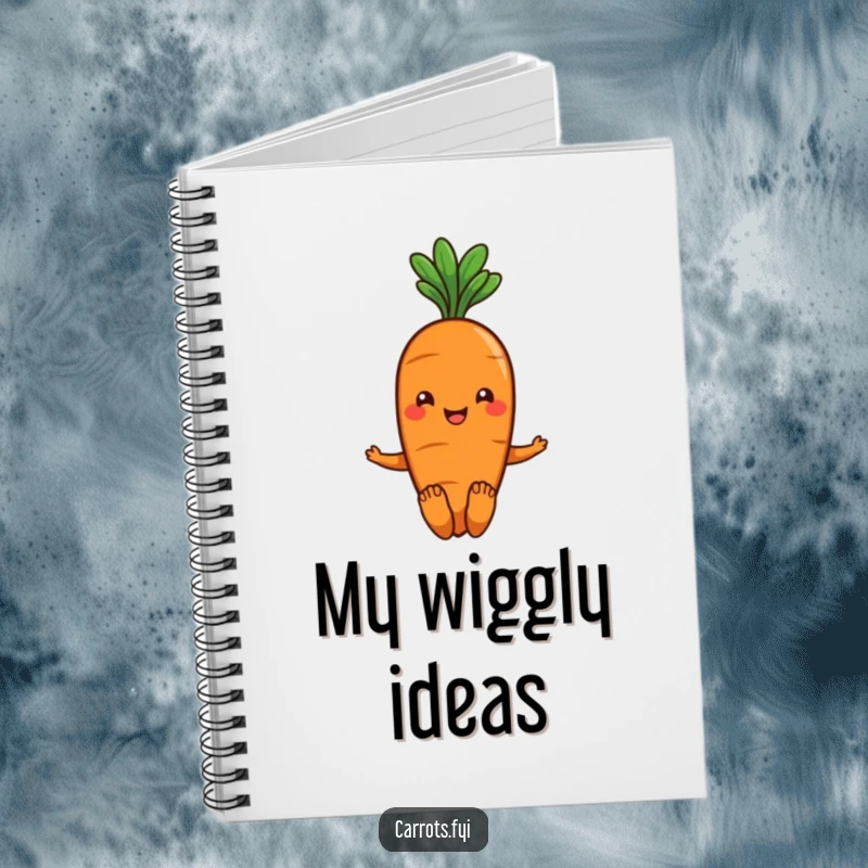Funny smiling carrot notebook with green leafy hair, wiggling its toes, ideal for jotting notes with a playful spirit.