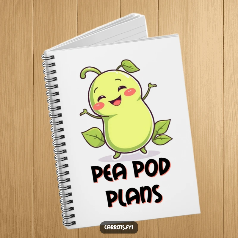 Funny notebook featuring a smiling pea pod character wiggling enthusiastically, ideal for jotting down notes humorously.