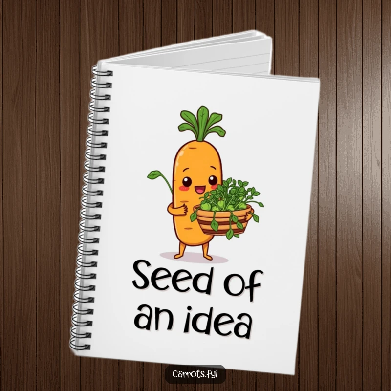 Funny notebook cover with a carrot character cheerfully offering a basket of fresh sprouts, ideal for jotting down ideas.
