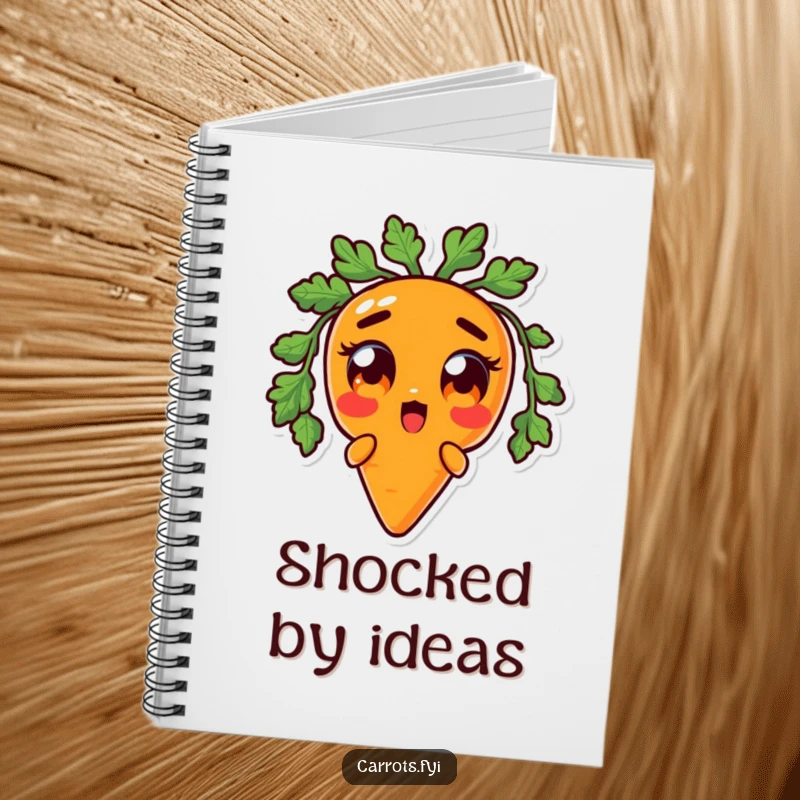 Funny notebook with a cover featuring an anthropomorphic carrot character looking surprised with wide orange eyes, ideal for writing down startling thoughts.