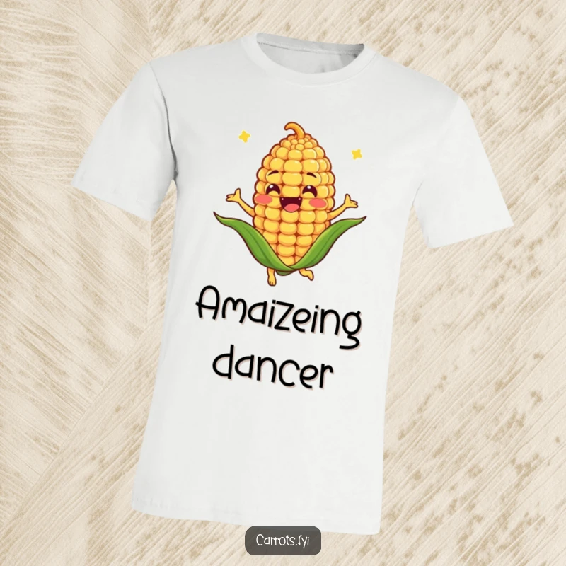 Funny t-shirt featuring an anthropomorphic corn kernel character spinning joyfully, ideal for fun and humorous apparel gifting.
