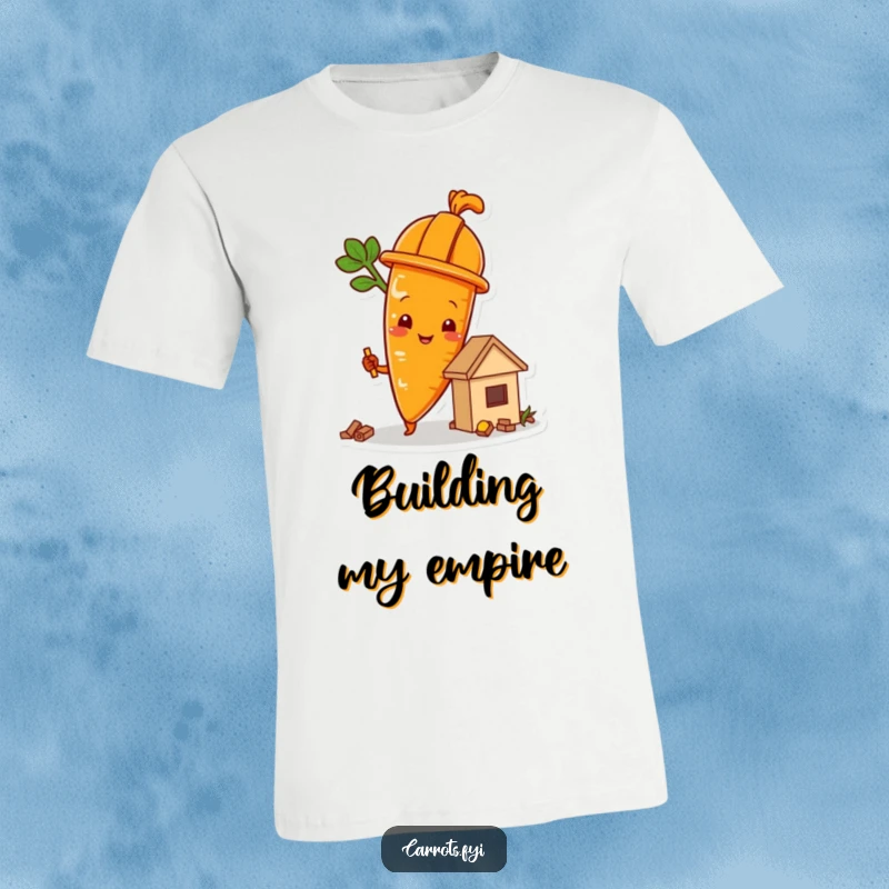 Funny carrot character in a hard hat constructing a small food structure, a humorous architectural tee.