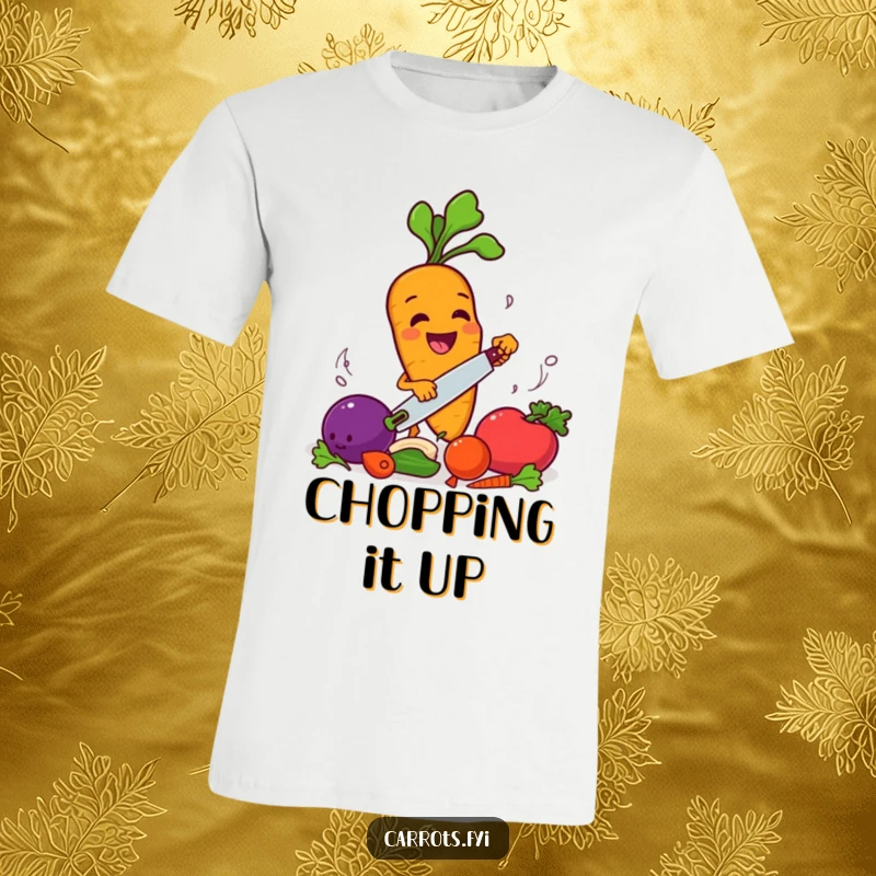 Funny carrot character with a big smile chopping various vegetables, a humorous and energetic kitchen tee.