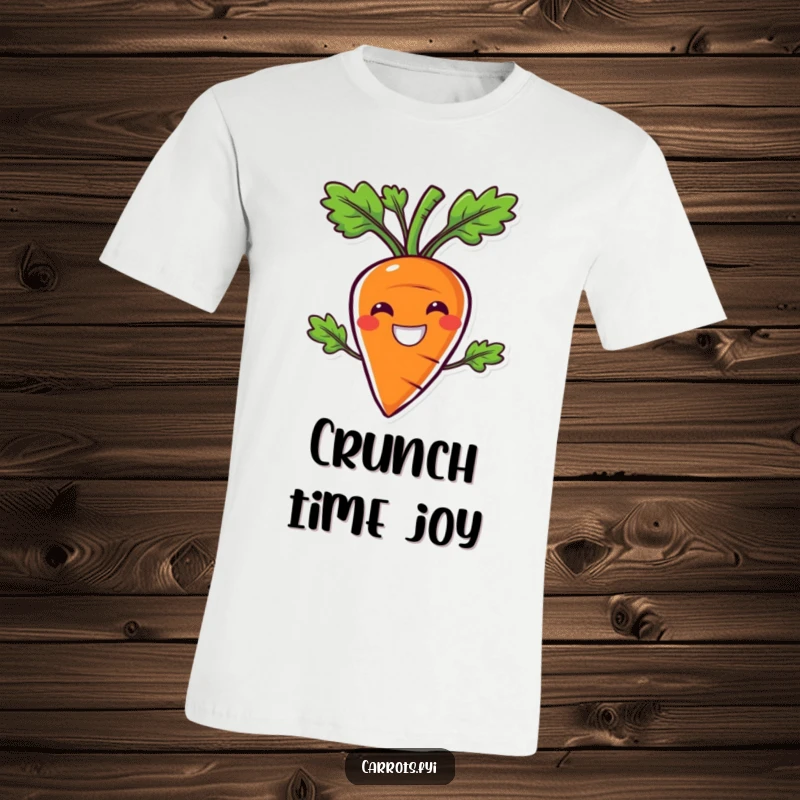 Funny T-shirt of a carrot character with a comically wide, cheerful smile, embodying vibrant crunchiness and happiness.