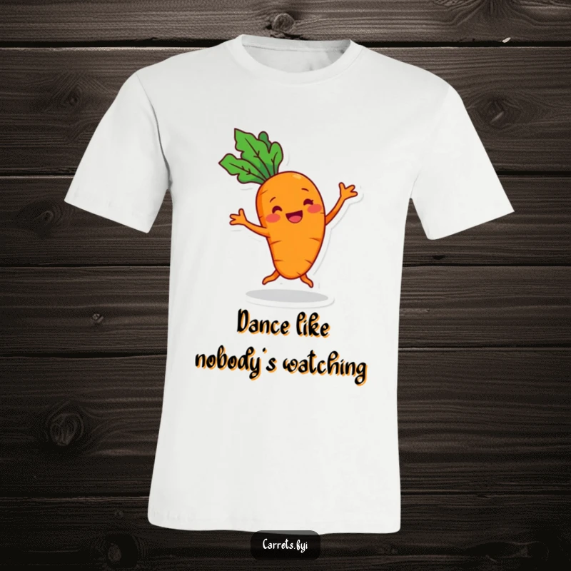 Funny cheerful carrot t-shirt with a grin, captured mid-silly dance, radiating pure joy and energetic fun.