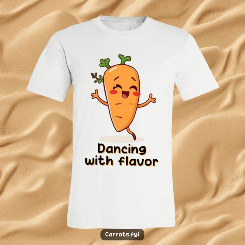 Funny T-shirt depicting a carrot character in a silly dance pose, seasoned with herbs, exuding playful energy.