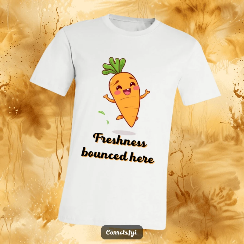 Funny t-shirt with a happy carrot character with a wide grin playfully bouncing, leaving a trail of freshness, embodying pure joy.
