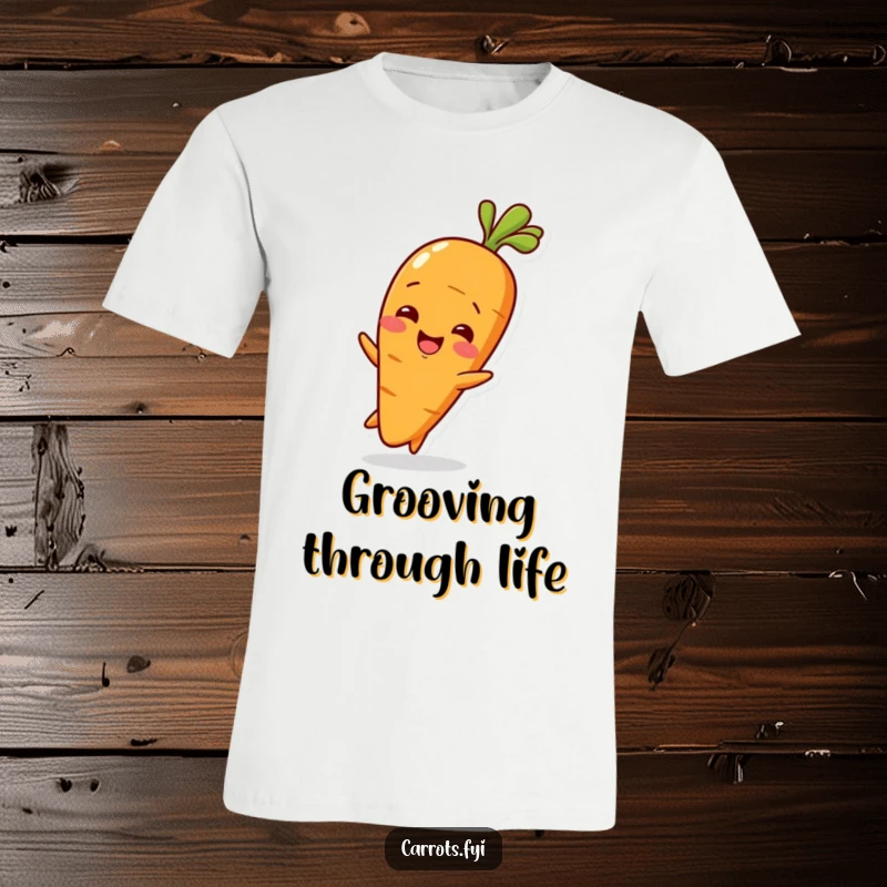 Funny Baby Carrot T-Shirt depicting a smiling baby carrot character wiggling with pure joy, radiating cuteness.