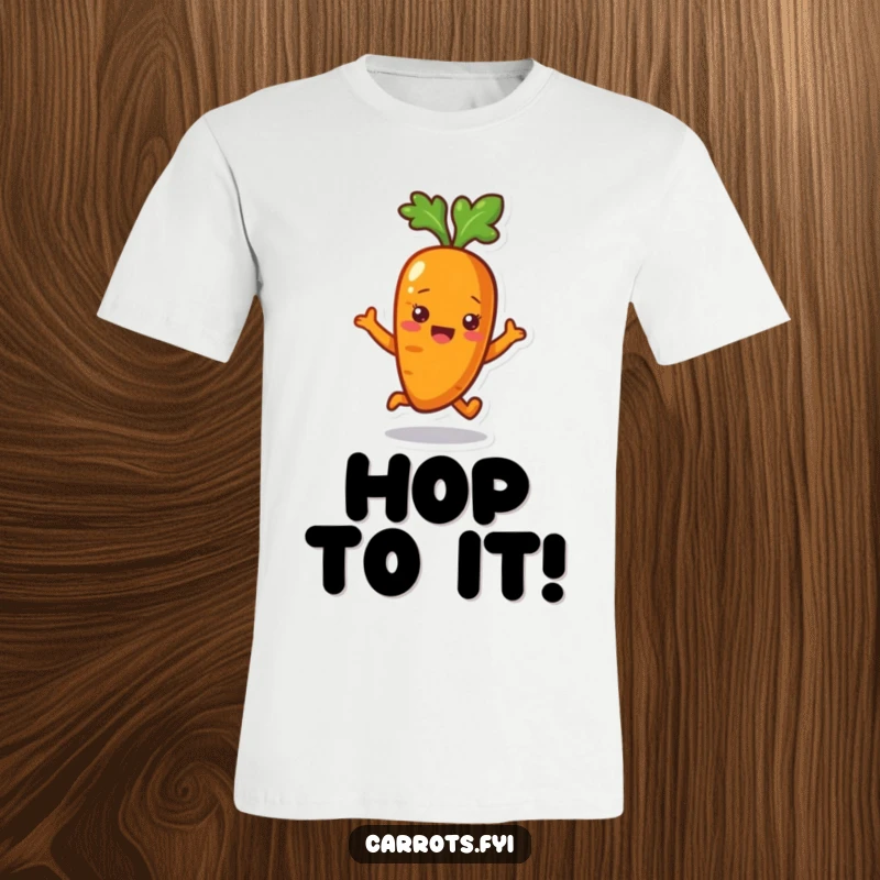 Funny Carrot T-Shirt: An energetic carrot character joyfully bouncing, perfect for a fun and active look.