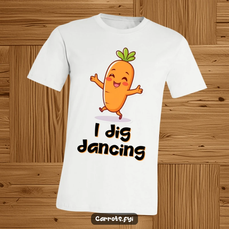 Funny t-shirt featuring a cheerful carrot character doing an energetic happy dance, ideal for a fun and humorous apparel gift.