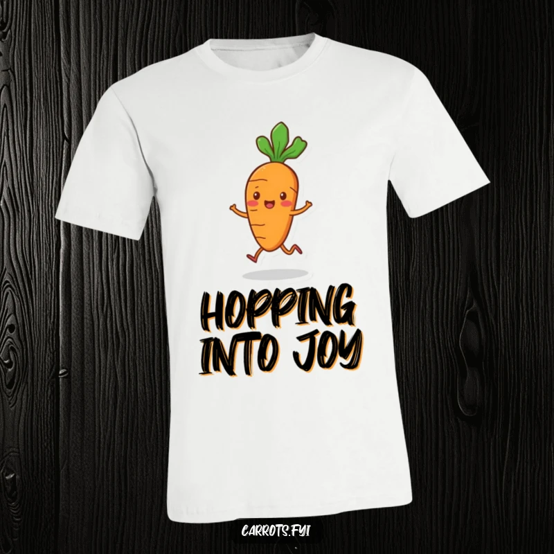 Funny playful carrot t-shirt with small legs, captured mid-hop, radiating pure, unadulterated glee and bouncy energy.