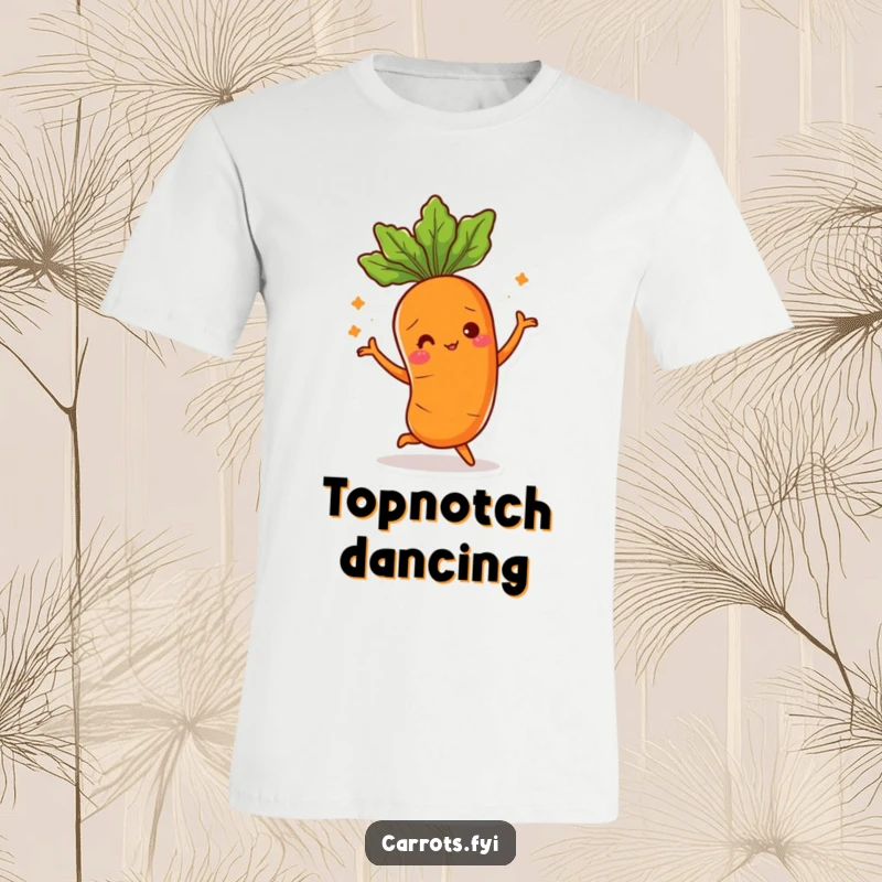 Funny t-shirt depicting a carrot character in mid-dance, its leafy top creating a whimsical, energetic motion.