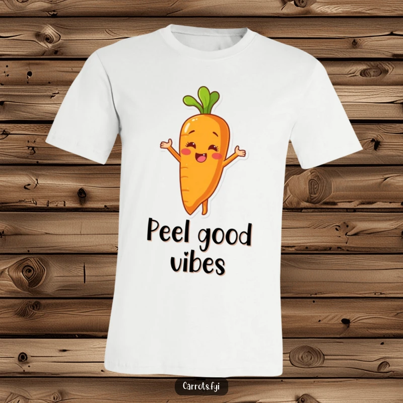 Funny T-shirt featuring a carrot character enthusiastically peeling its own skin to reveal a radiant, smiling inner surface.
